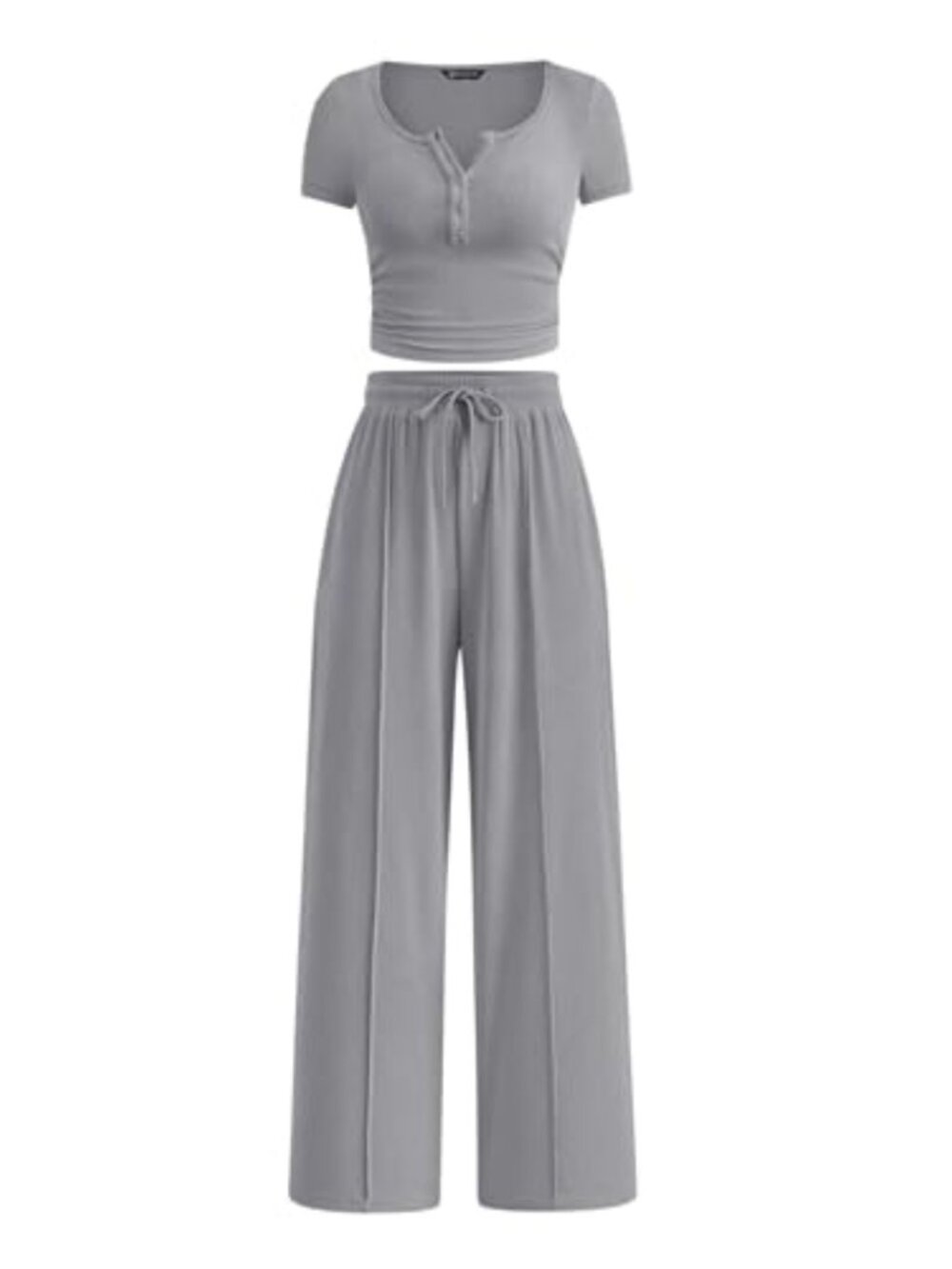 Ribbed Knit 2 Piece Outfit Crop Top Wide Leg Pants Set Lounge